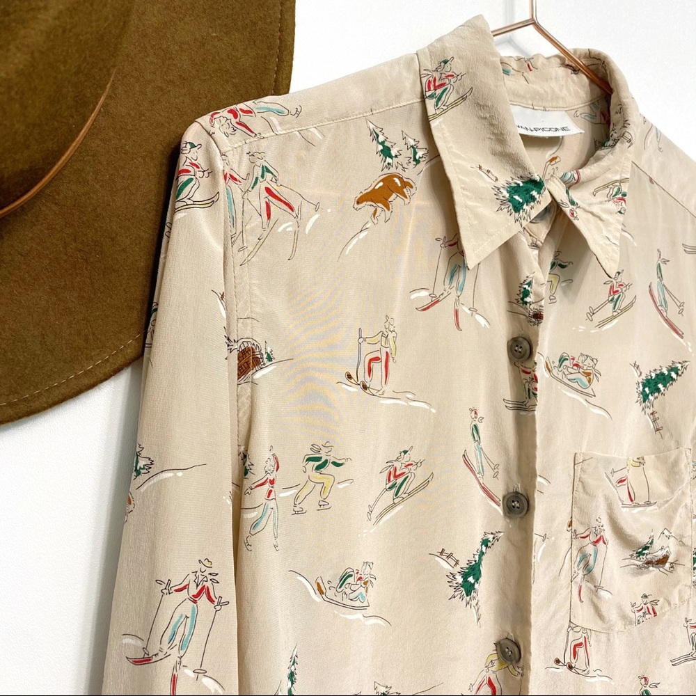 vintage | evan piccone skiing skating winter fun print silk blouse m - Picture 6 of 12